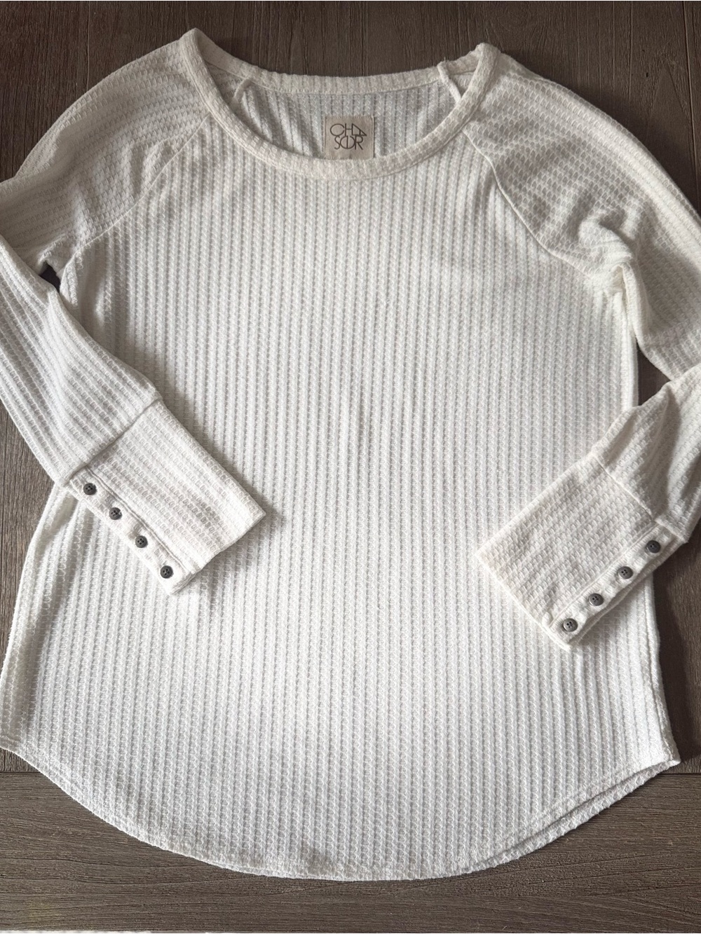 Chaser Waffle Knit Long Sleeve Top with Metal Button Cuffs White Size XL